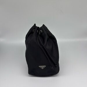Prada Nylon Mini Bucket Pouch Bag – Black Drawstring Logo Pouch